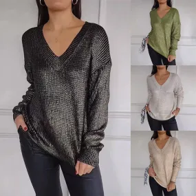 Modischer V-Ausschnitt-Strickpullover in kräftigen Farben mit langen Ärmeln